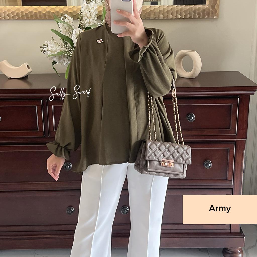 Anona crinkle airflow blouse wanita busui full kancing / oversized-Army