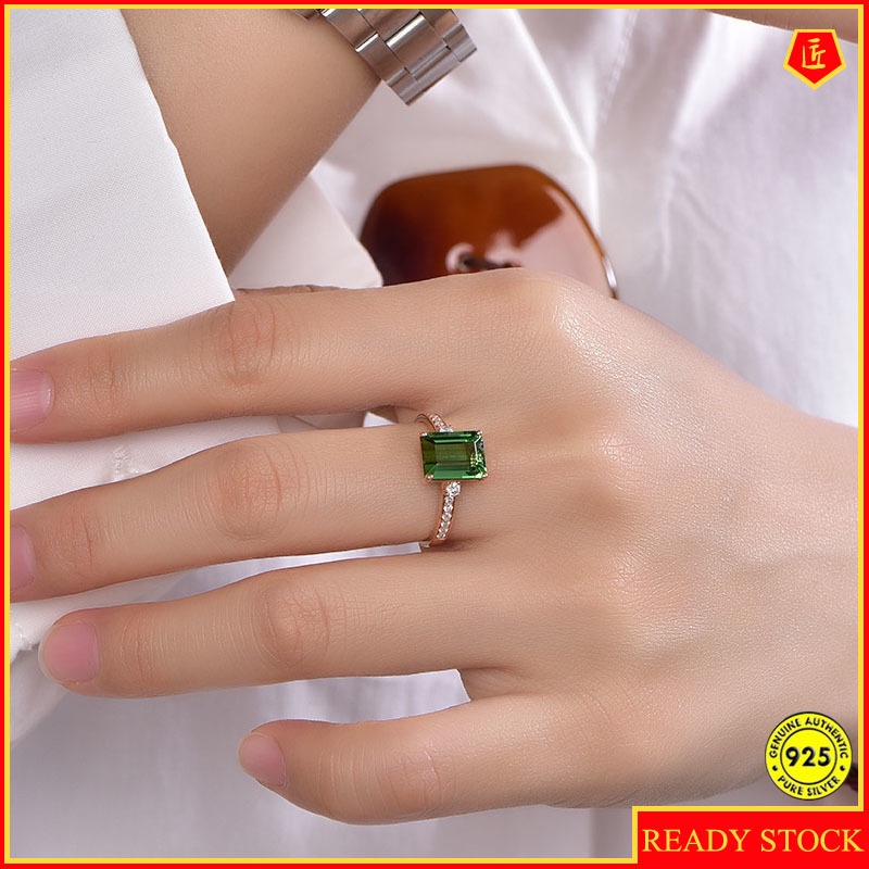 Rose Gold Green Tourmaline Ring Inlaid Emerald Colored Gems Open Ring for Women