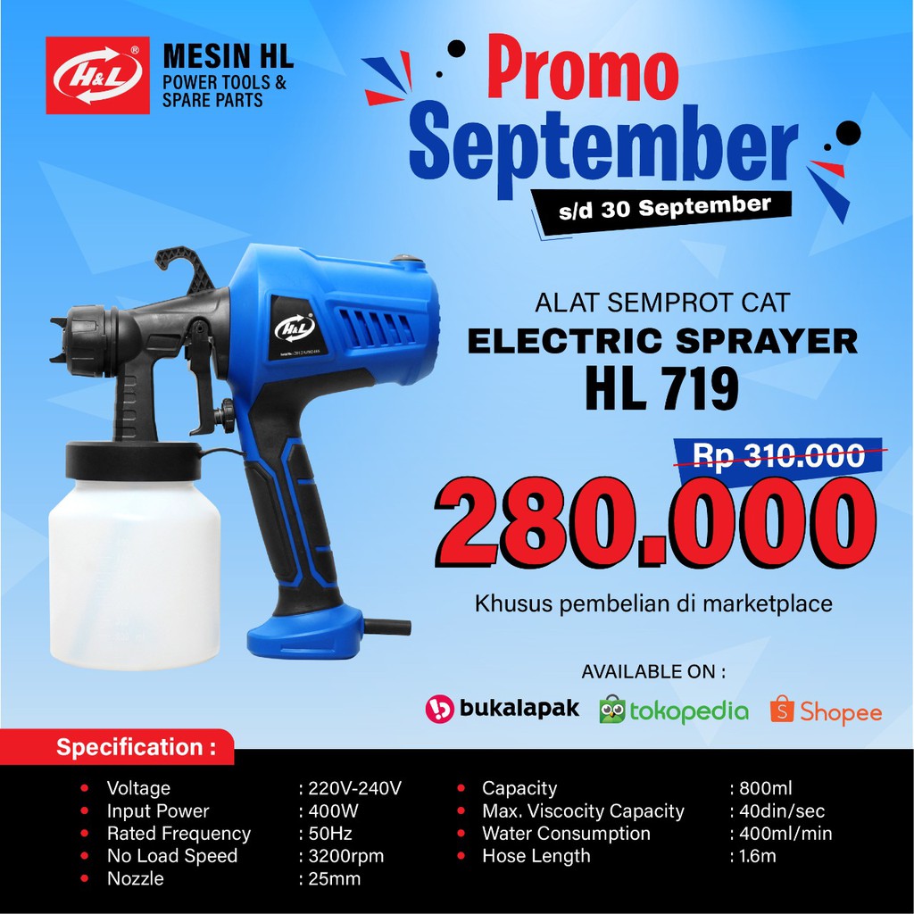 HL719 ELECTRIC CAT MINYAK Spray Gun Paint Mesin Semprot Elektrik HL719 H&amp;L Pro Kuningan