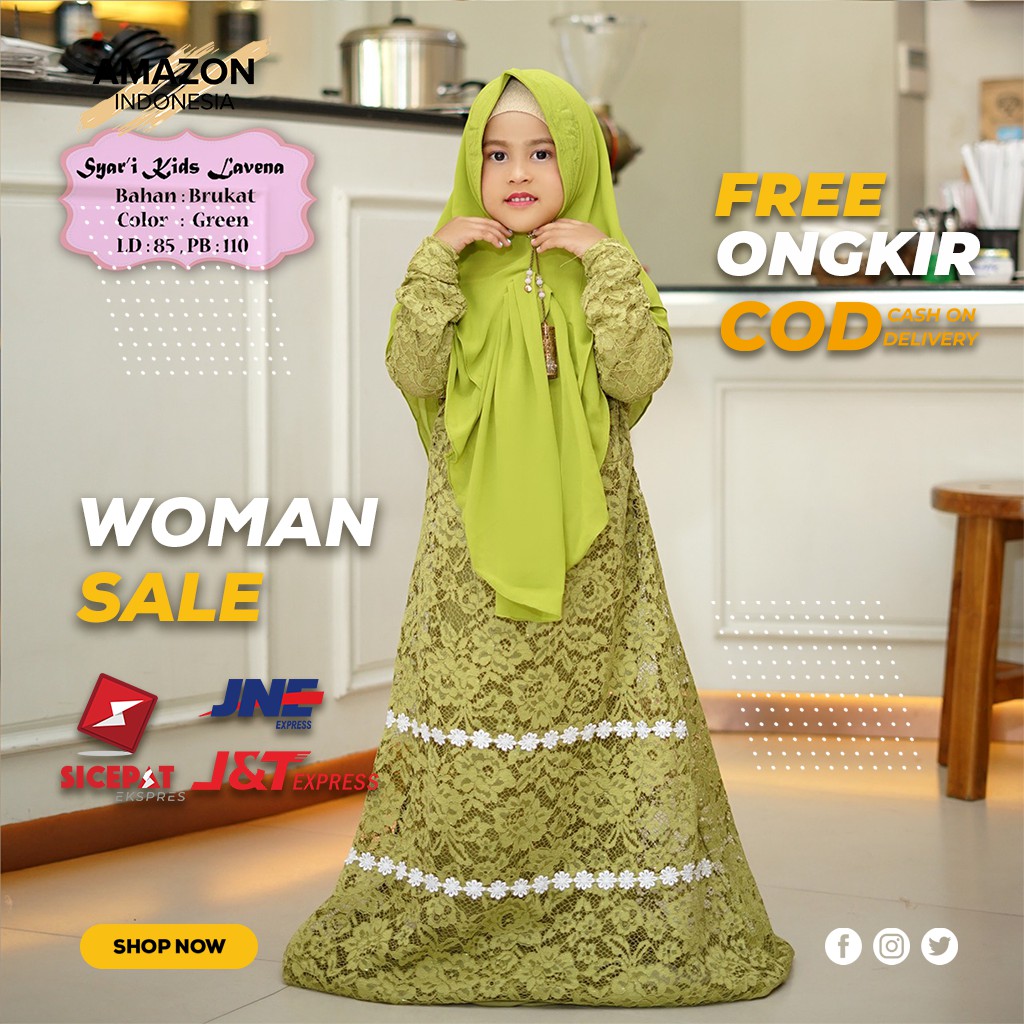 PAKAIAN MUSLIM ANAK PEREMPUAN WARNA GREEN BAHAN BRUKAT GLITTER ORIGINAL KOMBINASI RENDA DAN LURING