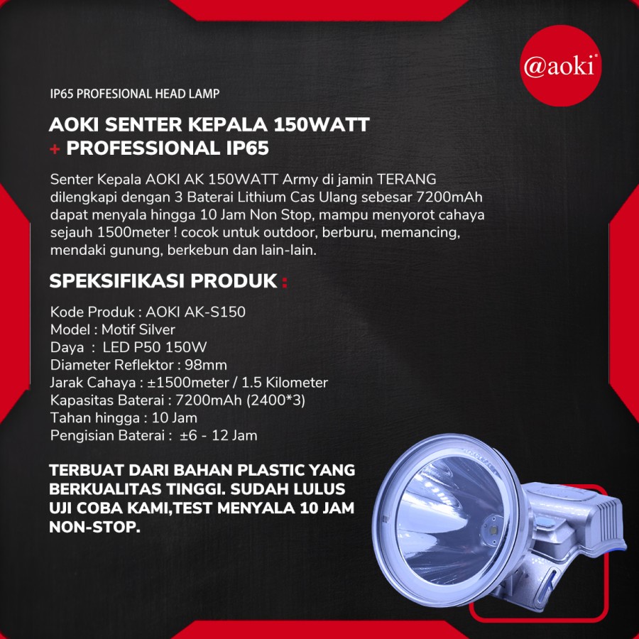 COD SENTER KEPALA LED PROFESSIONAL HEADLAMP 150 WATT AOKI AK-S150 CAHAYA PUTIH 7200mAh