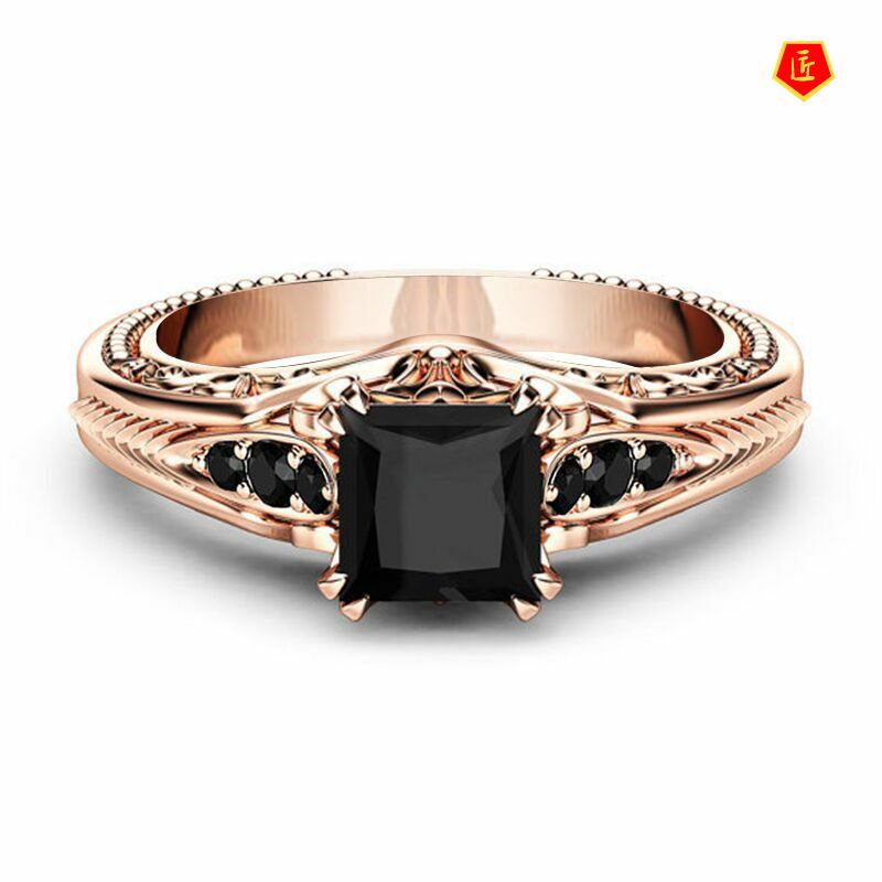 [Ready Stock]18K Rose Gold Square Diamond Ring Luxury Black Graceful and Fashionable