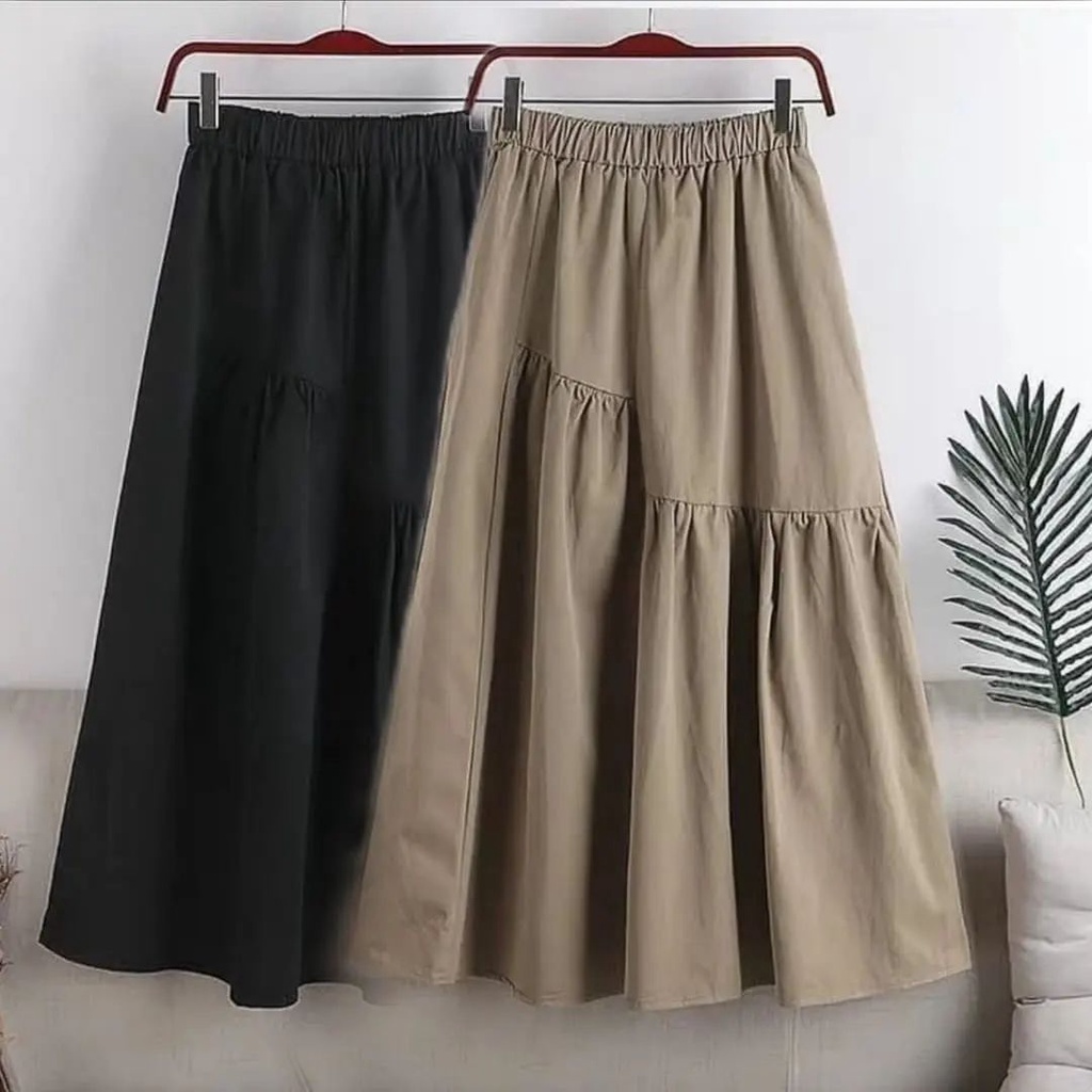 Rok Bawahan Reiny Korean Skirt Jumbo Linen Katun Rayon Scuba Serut Panjang Midi Rajut Plisket Kotak 