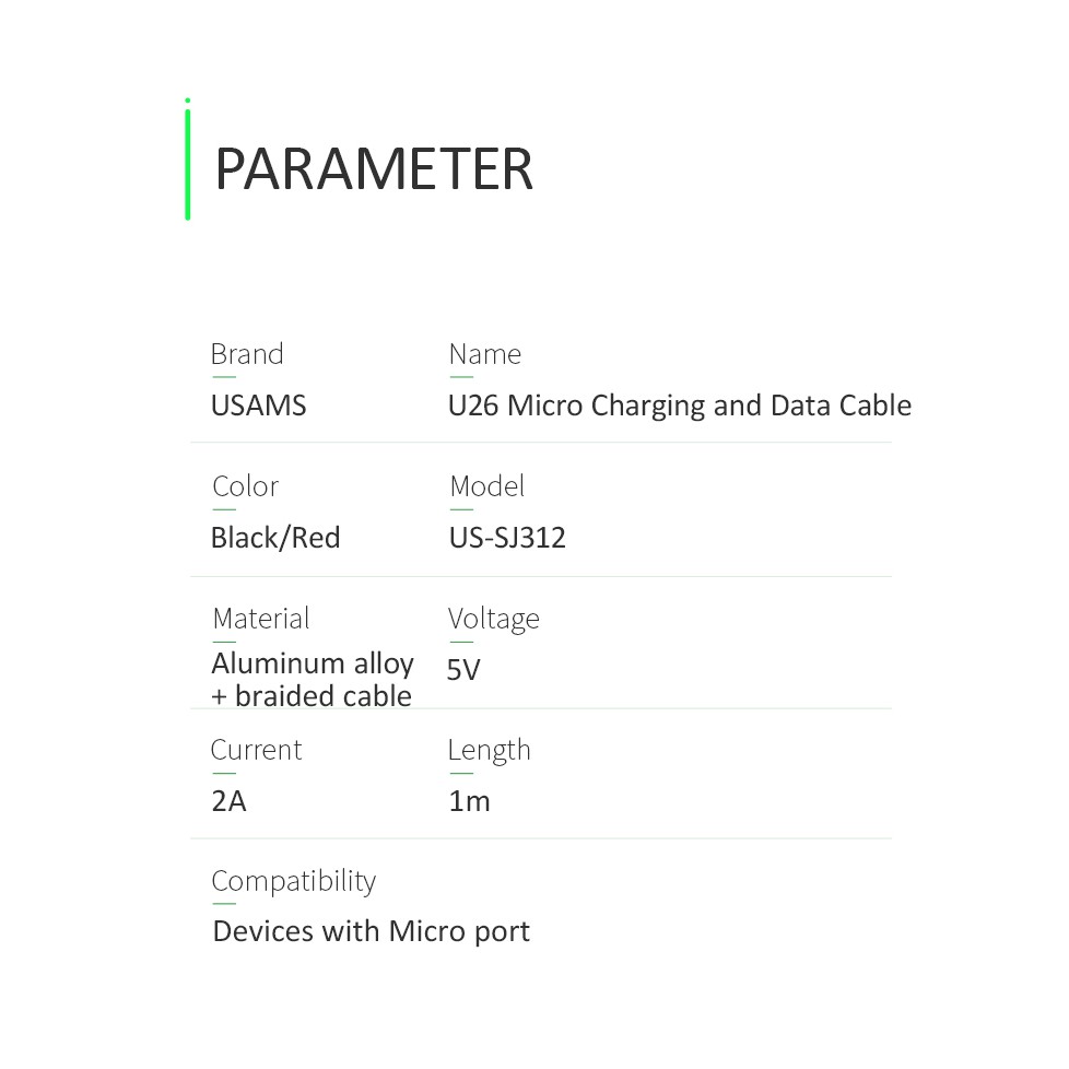 USAMS U26 Kabel Data Micro Fast Charging 2A LED Indikator