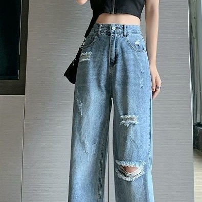 jeans import boyfriend celana wanita ripped highwaist panjang kekinian 2023 korean style ootd