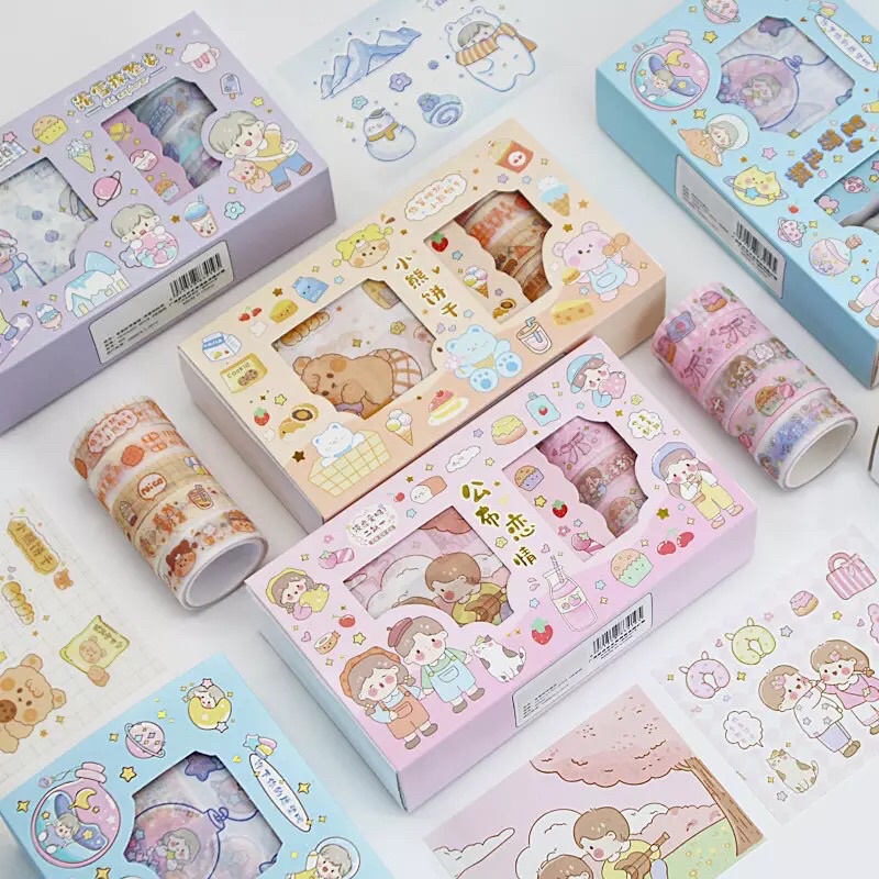 READY STOCK FANCY STICKER + WASHI TAPE BOX SET AESTHETIC LOVELY PINK KAWAII KIYOWO SELOTIP MOTIF LUCU WARNA WARNI CEWEK COWOK VIRAL TIKTOK ANAK PEREMPUAN REMAJA KOREA HP SCRAPBOOK JURNAL DIARY DEKORASI BUKU CATATAN DESAIN HEWAN DECO HADIAH ULANG TAHUN