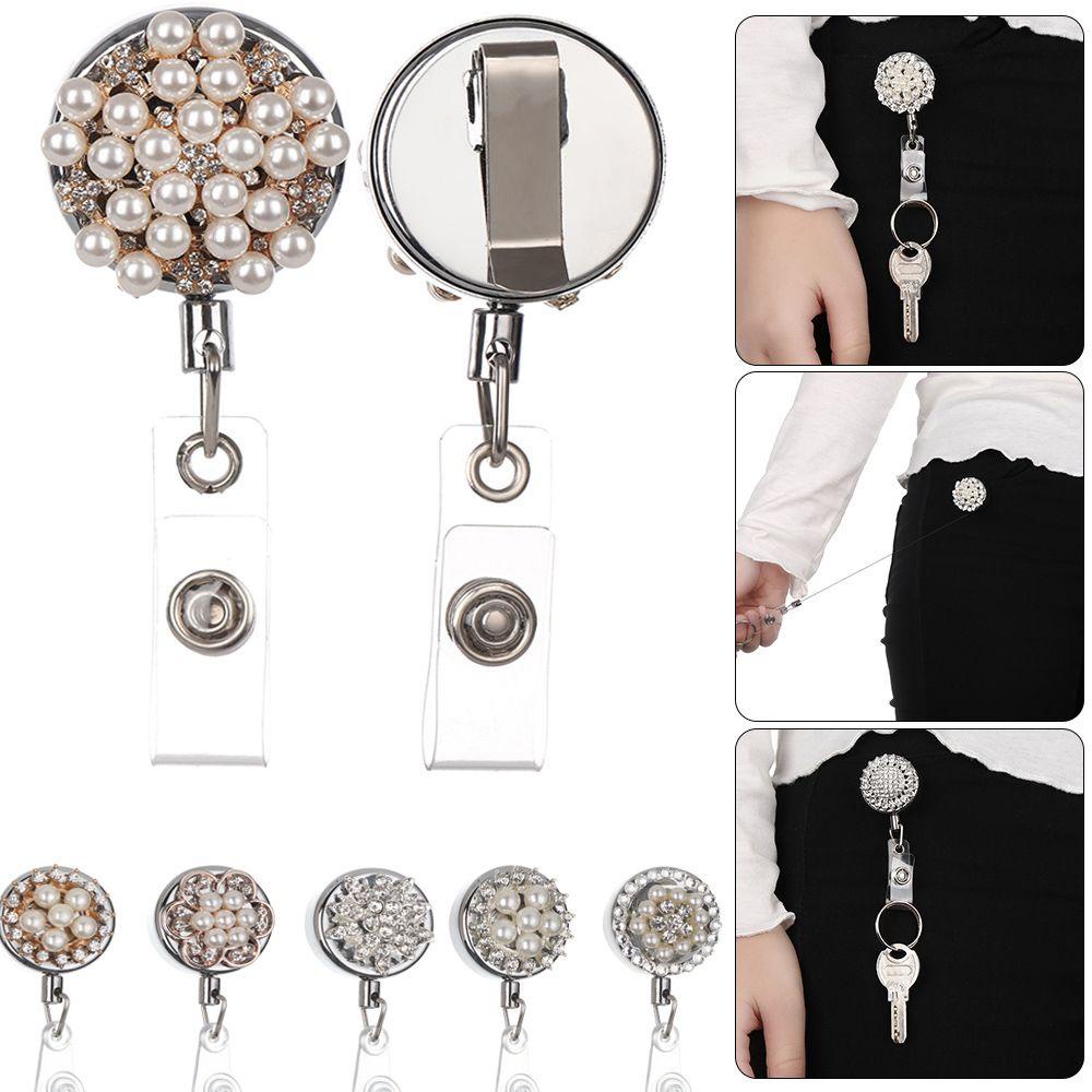 R-flower 1pc Klip Holder Kartu Nama / ID Motif Bunga Aksen Mutiara + Tali Lanyard Retractable Untuk Kantor