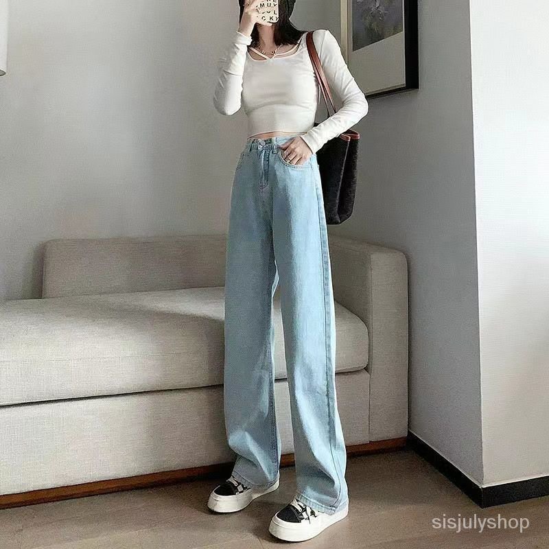 Celana jeans kaki lebar wanita musim panas 2022 pinggang tinggi baru bagian tipis tabung lurus longg