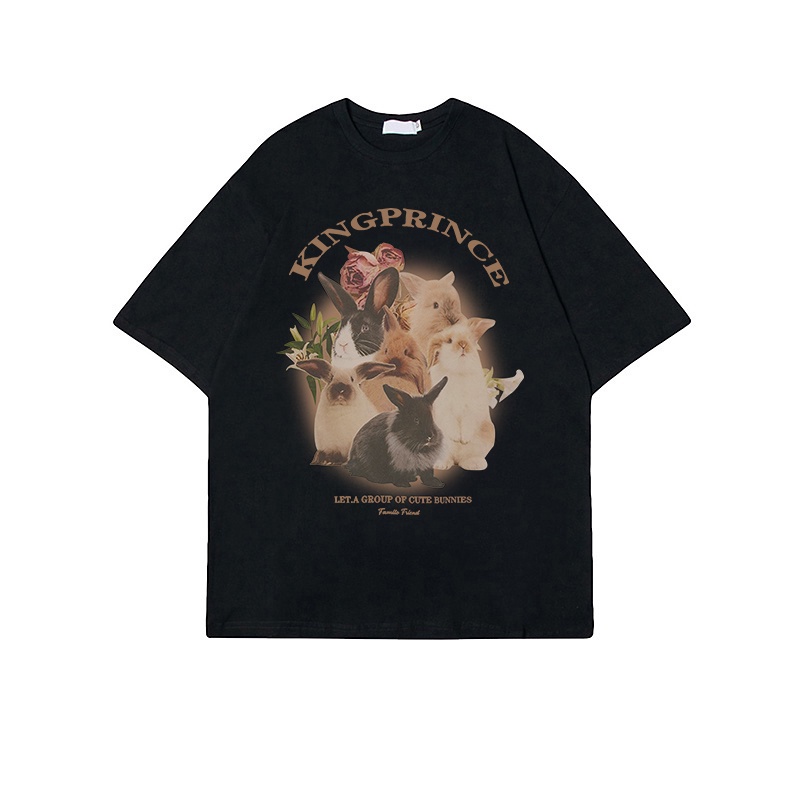 American Vintage Cute Rabbit Letter Pattern printing Overszie T-shirt baju kaos wanita/kaos puith