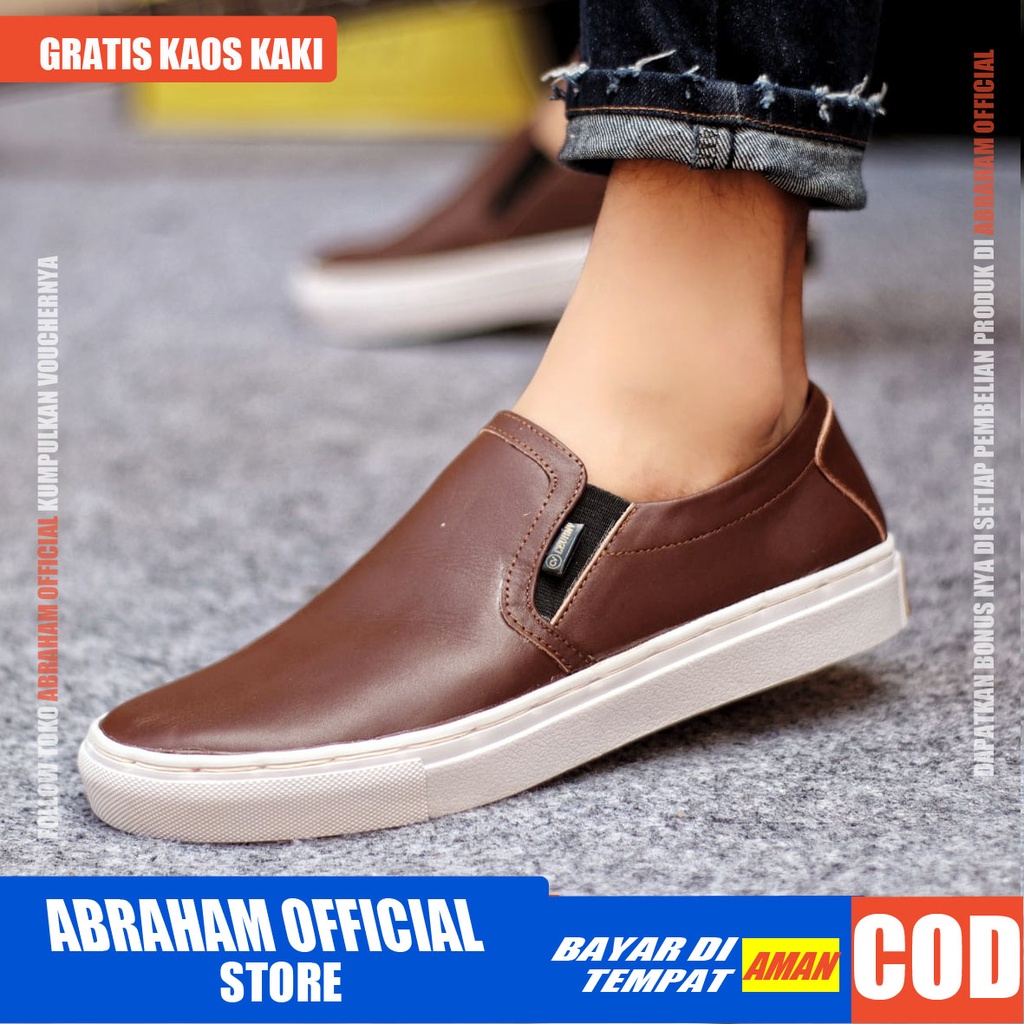 ABRHM x MORI Sepatu Slip On Pria Sepatu Pria Casual Sepatu Cowok/Cowo Kulit Asli Ori Sepatu Kasual Slop Anti Slip Semi Formal Kerja Kuliah Gaya Santai Keren Kekinian Original Murah Terlaris