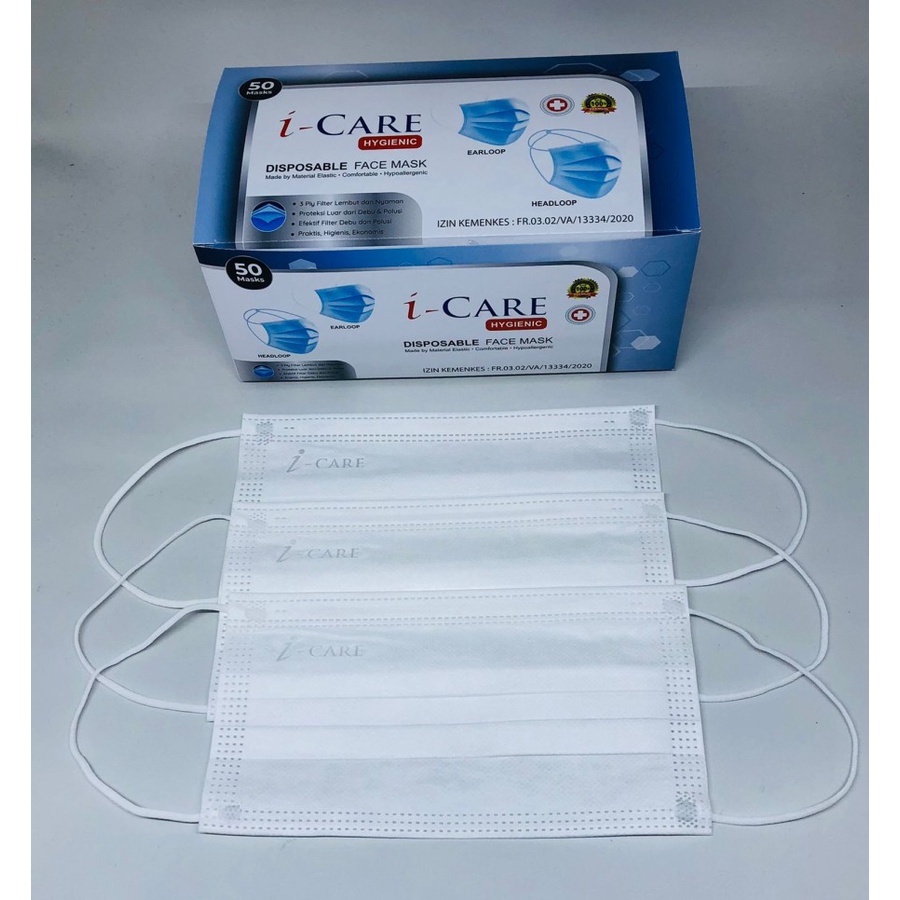 Masker White 3ply / Masker i-Care Putih / White Disposable Mask i Care 3ply / Masker Putih 3ply