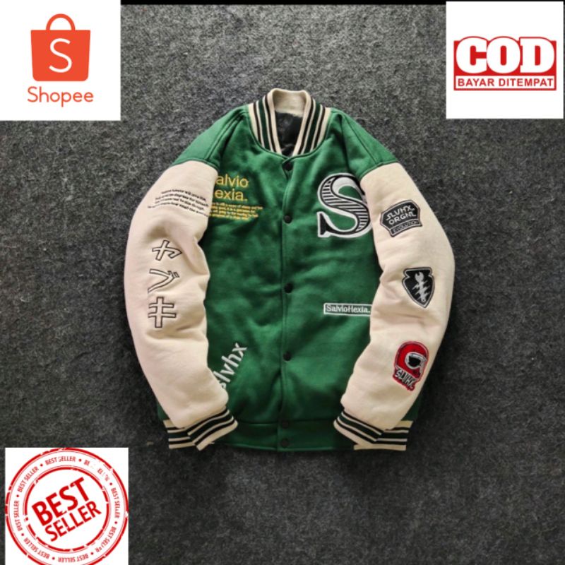 [Dreseedstore] Varsity Jacket HIJAU CREAM Jaket Varsity Pria Premium HITAM LEATHER Nascar Varsity Ba