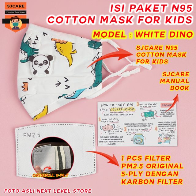 SJCare Masker Anak Premium Kids Katup Respirator FREE FILTER PM 2.5 - White Dino