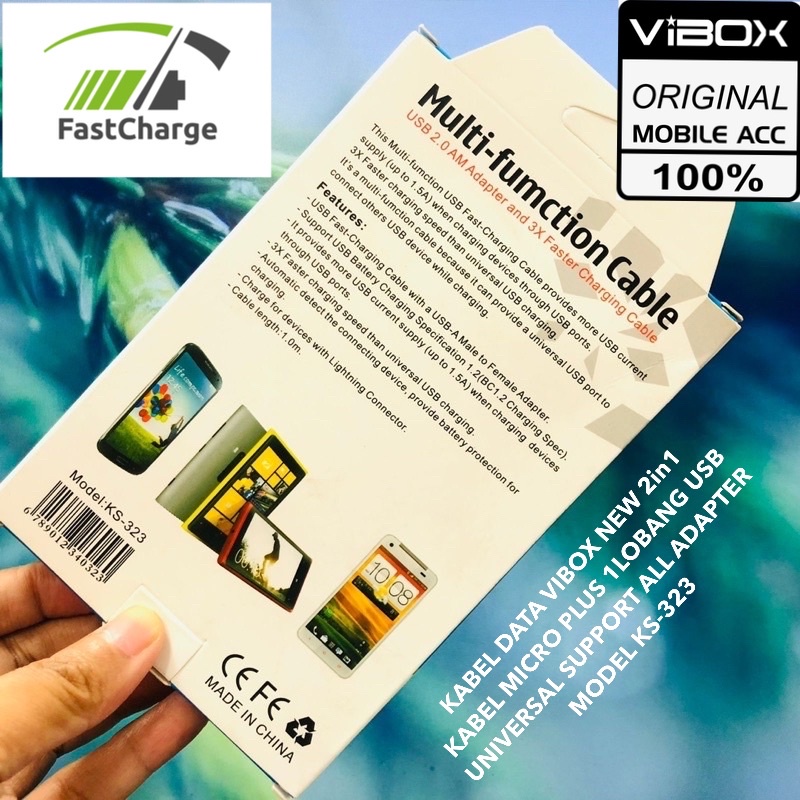 NEW KABEL DATA VIBOX 2in1 KABEL MICRO PLUS 1LOBANG USB UNIVERSAL SUPPORT ALL SMARTPHONE ADAPTER KS-323