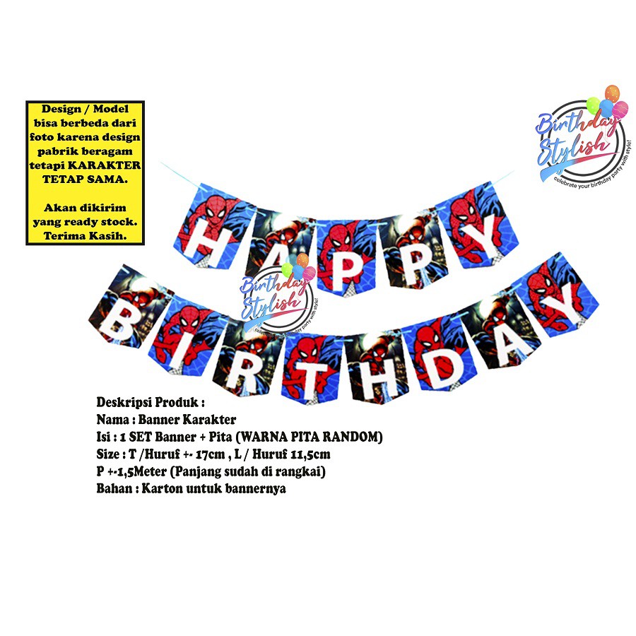 Banner Karakter Spiderman Ultah/ Bunting Flag Ultah Spiderman/ Banner Ultah Spiderman Karton
