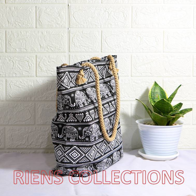 RIENS COLLECTIONS. TOTEBAG KANVAS TALI SUMBU MOTIF GAJAH LATAR HITAM. TAS JOGJA. SOUVENIR JOGJA. TAS KANVAS