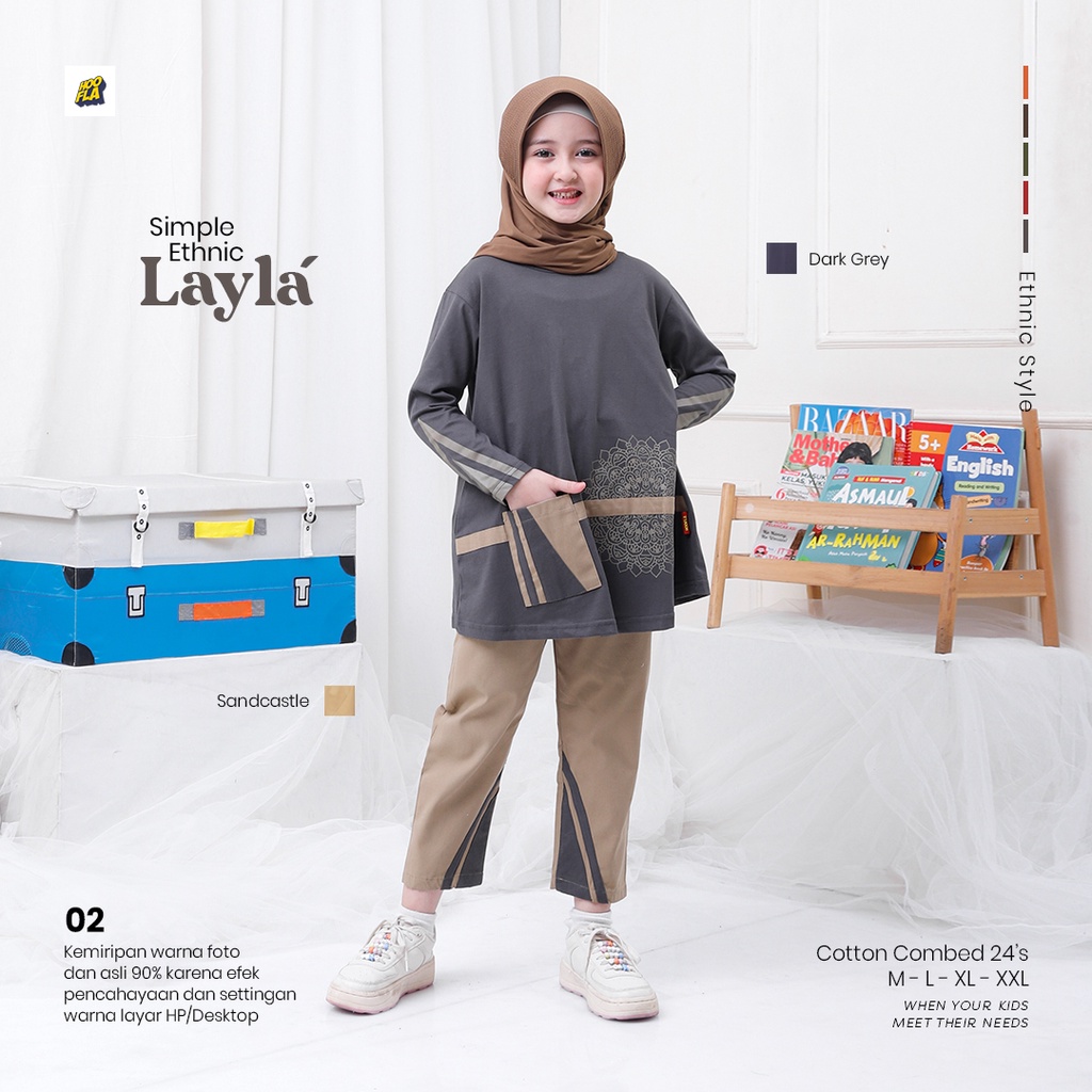 Hooflakids Baju Setelan Anak Perempuan Tanggung Atasan dan Bawahan Simple Ethnic Qais Untuk Usia 5 sampai 12 tahun