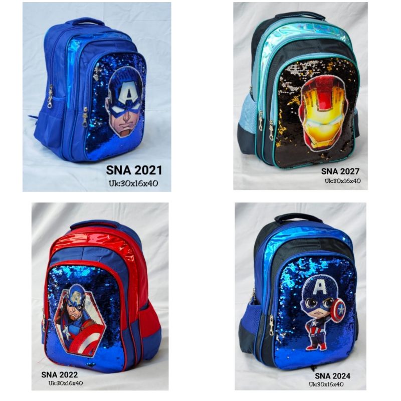 Ransel Sequin Manik Usap Import Avenger Spiderman Tas Sekolah 16 Inch Anak Laki