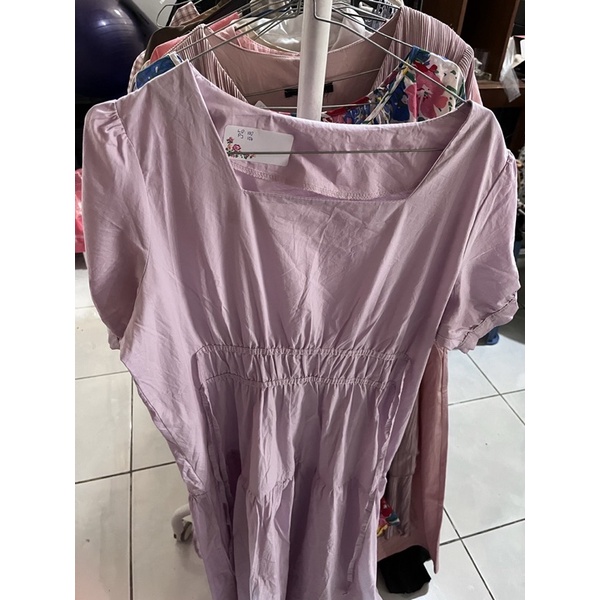 dress lilac vintage korea lengan balon umpak kerut