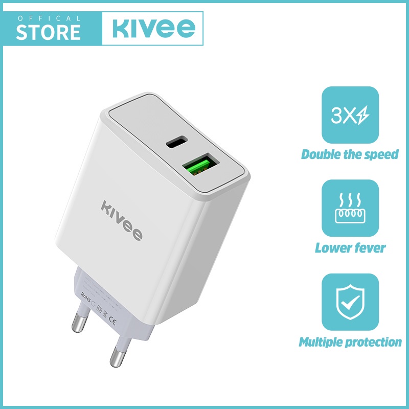 KIVEE charger iphone fast charging 18w PD/QC 3.0 Wall Charger oppo xiaomi Garansi 1 tahun-KV-AE38Q-A  PD-18w