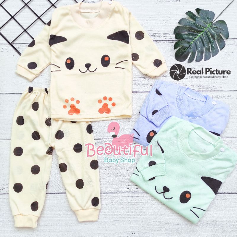 Setelan Bayi Panjang Motif Kucing / Setelan Piyama Bayi / Baju Bayi Panjang / Baju Tidur Bayi / Baby.ou_