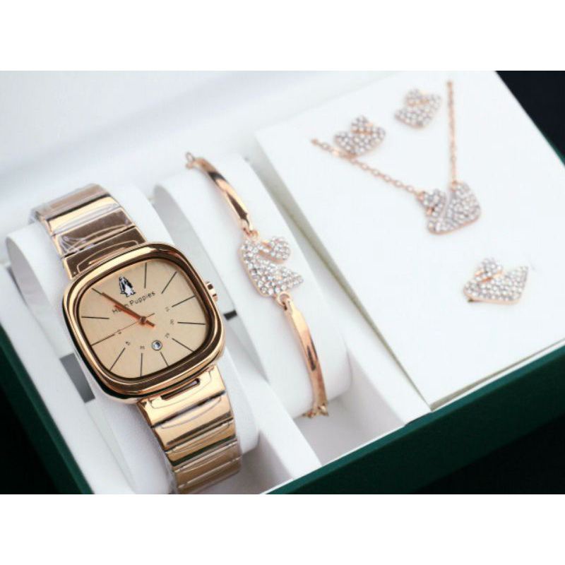 Jam tangan Hush Puppies jam tangan wanita full set gelang,anting,cincin,kalung COD Best Seller