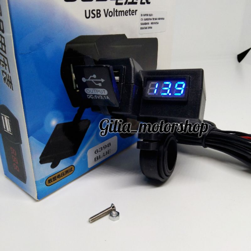 Voltmeter Digital Plus USB Charger Hp Motor Voltmeter Digital Charger 2 Socket USB Charger Hp Stang  Nyala Biru