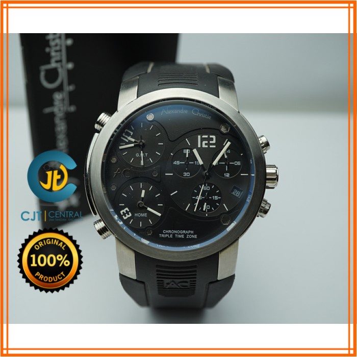 GROSIR JAM - ALEXANDRE CHRISTIE AC 9229 SILVER BLACK  RUBBER TRIPLE TIME ORIGINAL RESMI