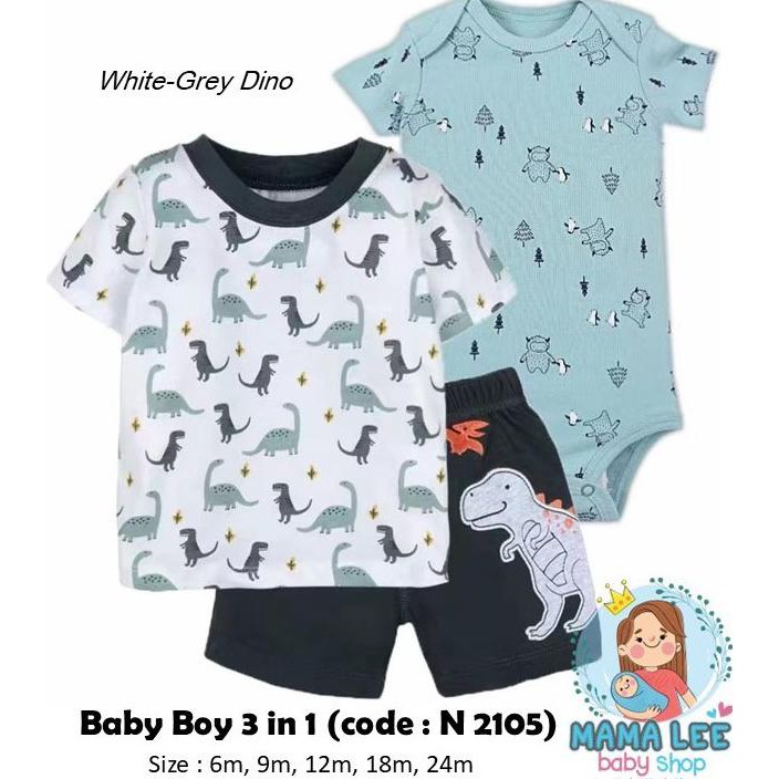 BABY BOY SET IMPOR 3 IN 1 N2105 / JUMPER BAYI LAKI LAKI - WHITE GRAY DINO, 6 BULAN 2307