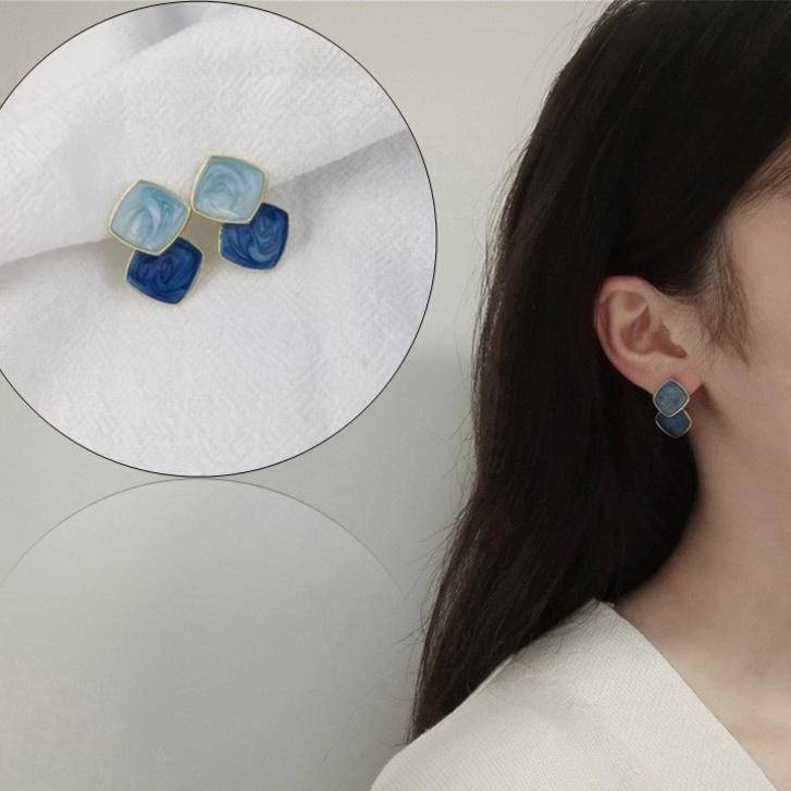 Anting Klip on Enamel Tanpa Tindik Warna Biru Untuk Wanita