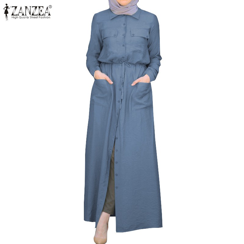 ZANZEA Women Long Sleeve Elastic waist Turn-Down-Collar Muslim Long Dress