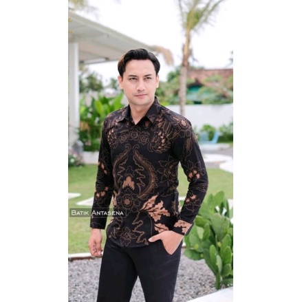 Batik Alusan Lengan Panjang PRABOWO HITAM Slimfit Full Furing Halus Premium / Pakaian Batik Tradisional Jawa / BATIK KEMEJA LENGAN PANJANG SLIMFIT MODERN FURING HALUS BERKUALITAS PREMIUM