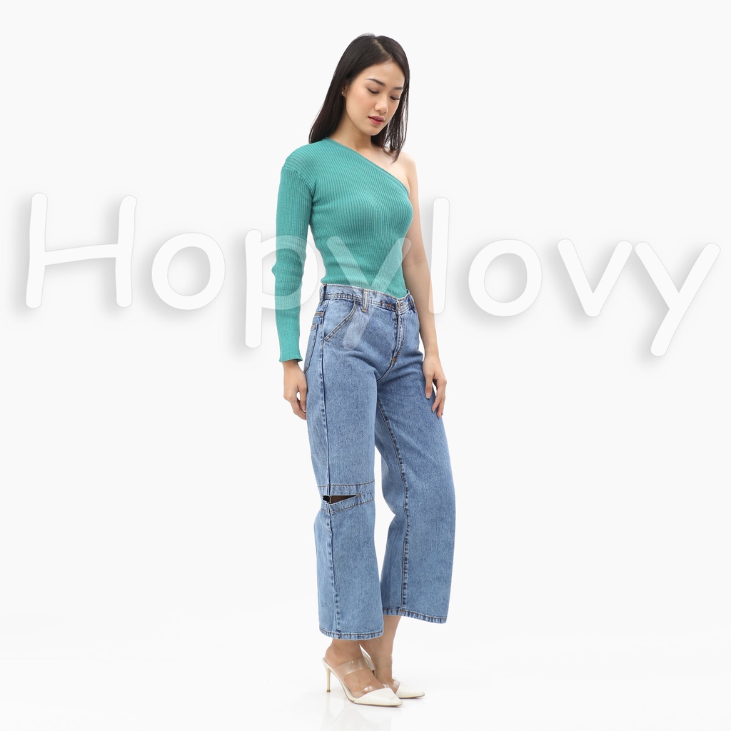 HOPYLOVY Celana Kulot Wanita Highwaist Boyfriend Jeans BF Sobek Claretta