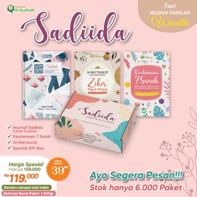 Mushaf Al Quran Hafalan Wanita Sadiida Custom Nama A5 Kemenag RI Khat Rasm Utsmani waqaf ibtida' Ziy