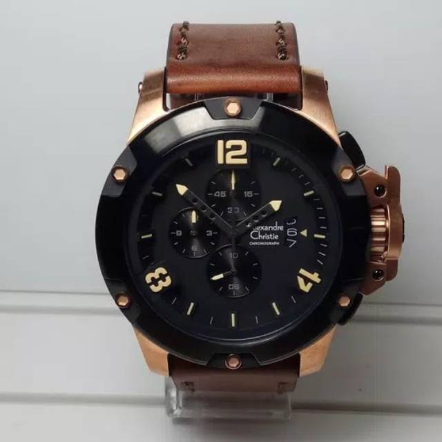 JAM TANGAN PRIA ALEXANDRE CHRISTIE AC 6295 CHRONOGRAPH BLACK ROSE GOLD LEATHER  ORIGINAL