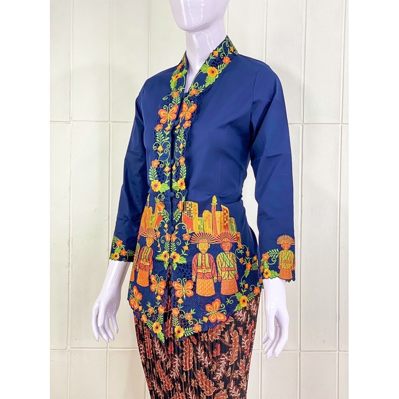 OSW03 - Daliyu KEBAYA ONDEL BETAWI ENCIM KARTINI LENGAN PANJANG BORDIR Katun Stretch / M L XL XXL-Navy
