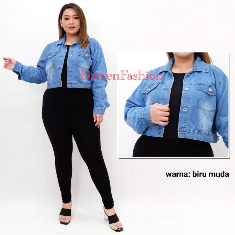 Jaket Crop Jumbo Big Size. Jaket Crop Wanita Jumbo Murah . Jaket Oversize Over Size-Biru Muda
