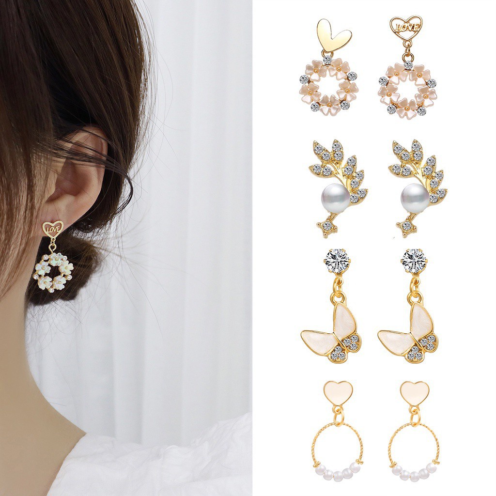 ☛TK☚  A059 Anting Tusuk 17KM Gantung Temperament Desain Hati + Pita + Mutiara Gaya Korea / Elegan 17km Untuk Wanita