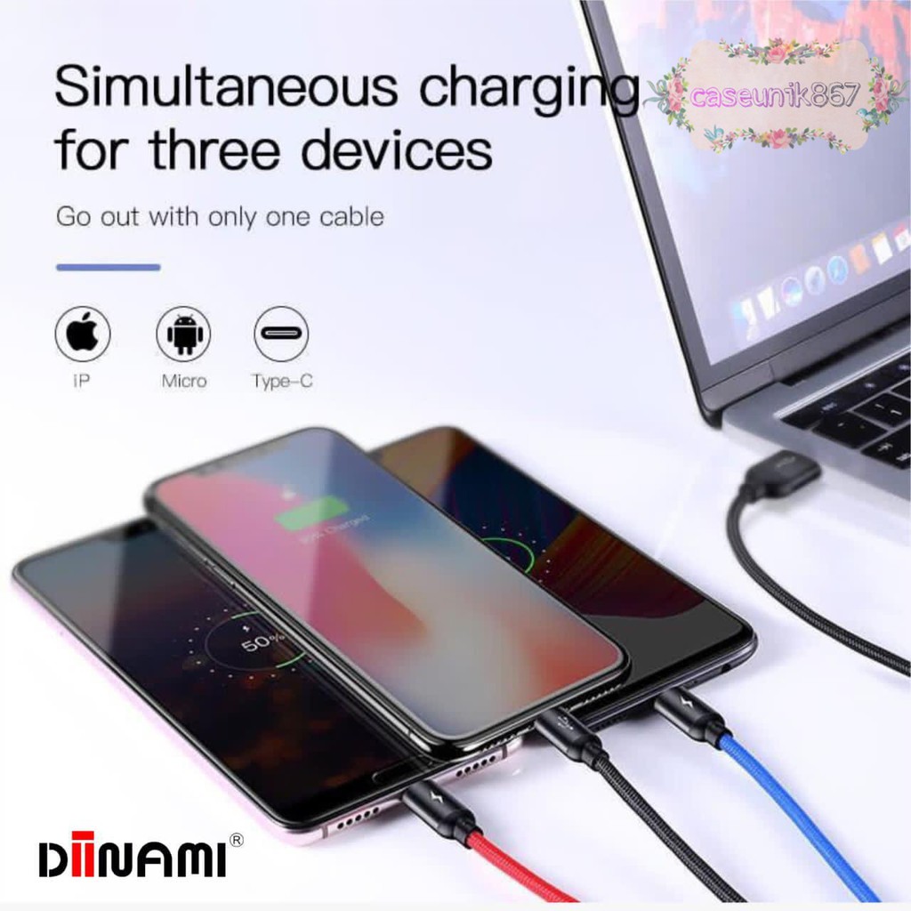 Kabel data diinami QC33 3in1 Micro+ligthing+tipe c 2.4A 1.2M original CS961