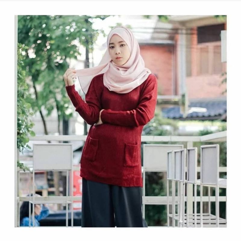 Baju Rajut Wanita Lengan Panjang / Atasan Wanita Variasi Kantong Depan / Baju Santai Wanita