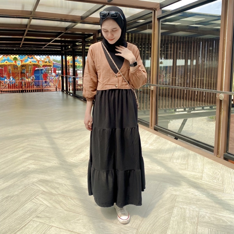 inner susun Fotsy gamis jumbo maxi dress flare / busui / dress hitam putih long manset