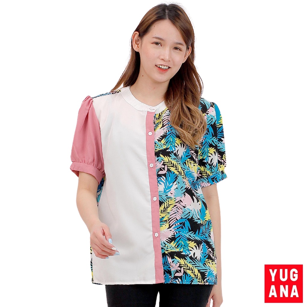 YUGANA - 601165 Blouse Wanita Lengan Pendek Puff Baju Cewek Warna Hitam Abu Maroon Navy Biru Putih
