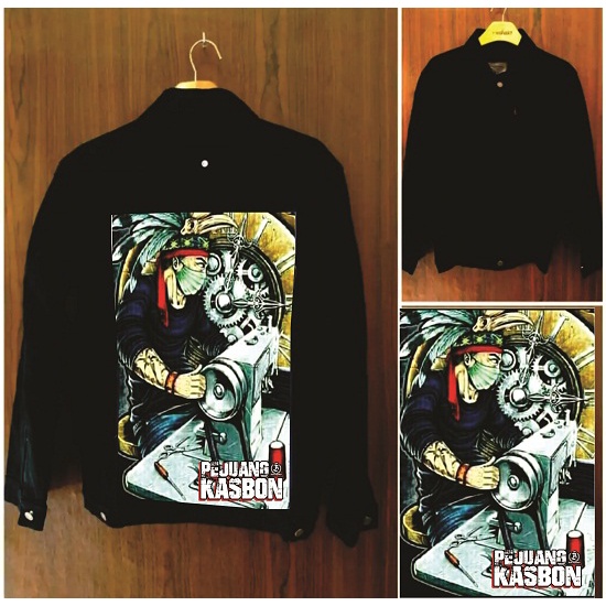Eta Karimake jaket jeans hitam pekat gambar belakang macan putih printing 3 dimensi terbaru