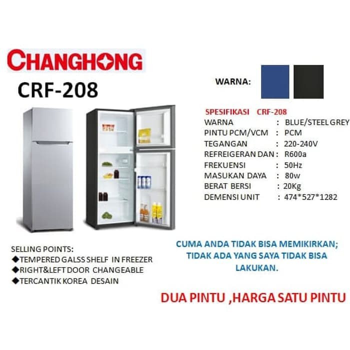 KULKAS CHANGHONG 2 PINTU CRF 208 BLACK CRF - 208 LEMARI ES CRF208 Bergaransi Resmi