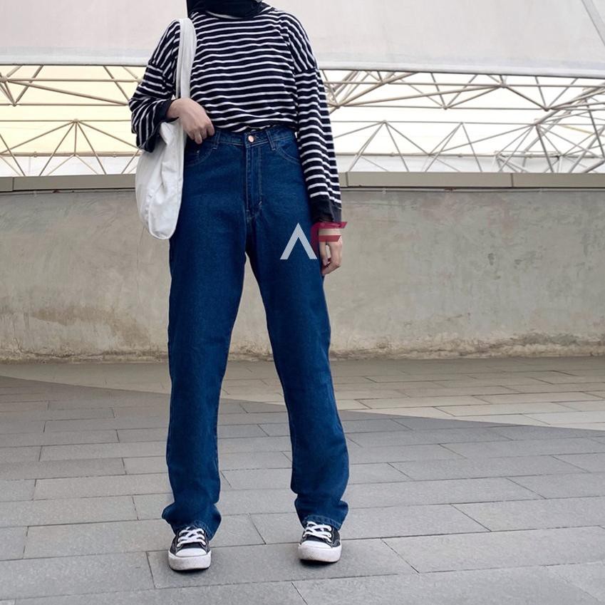 ☆SEGERA DAPATKAN☆ AF - Highwaist Boyfriend Jeans - Dark Blue 1146 - Langsung Order
