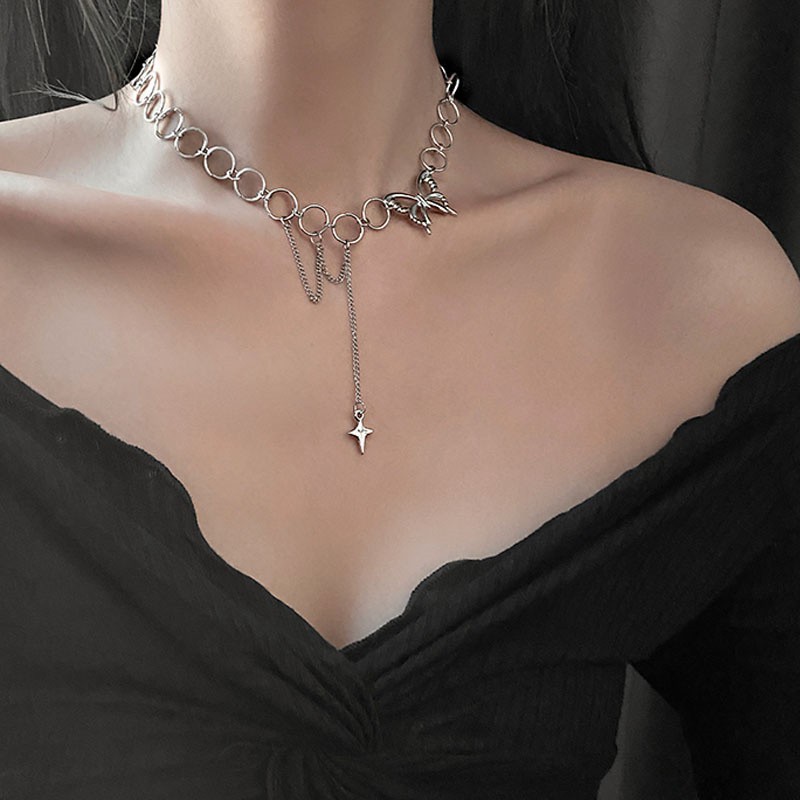 [ACKER] Kalung choker kupu-kupu lapis perak lucu yang modis Untuk Wanita