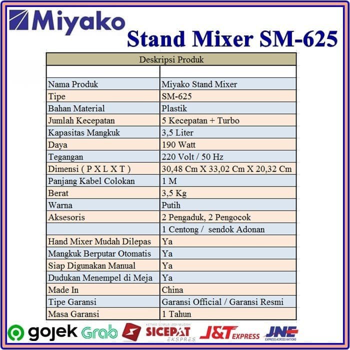 STAND MIXER SM625 MIKSER ADONAN KUE ROTI MURAH MIYAKO STAND MIXER SM 625