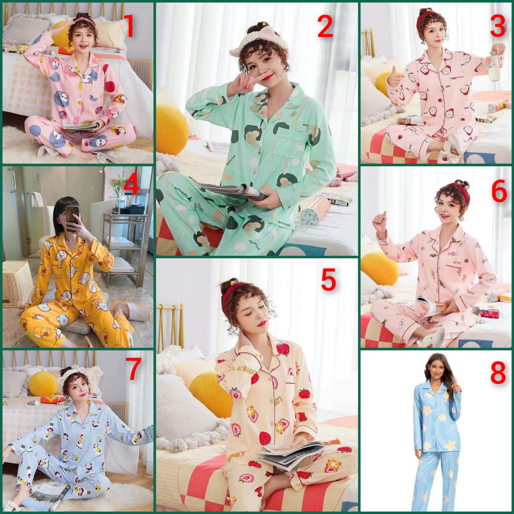 Baju tidur piyama bahan spandek lengan panjang celana panjang