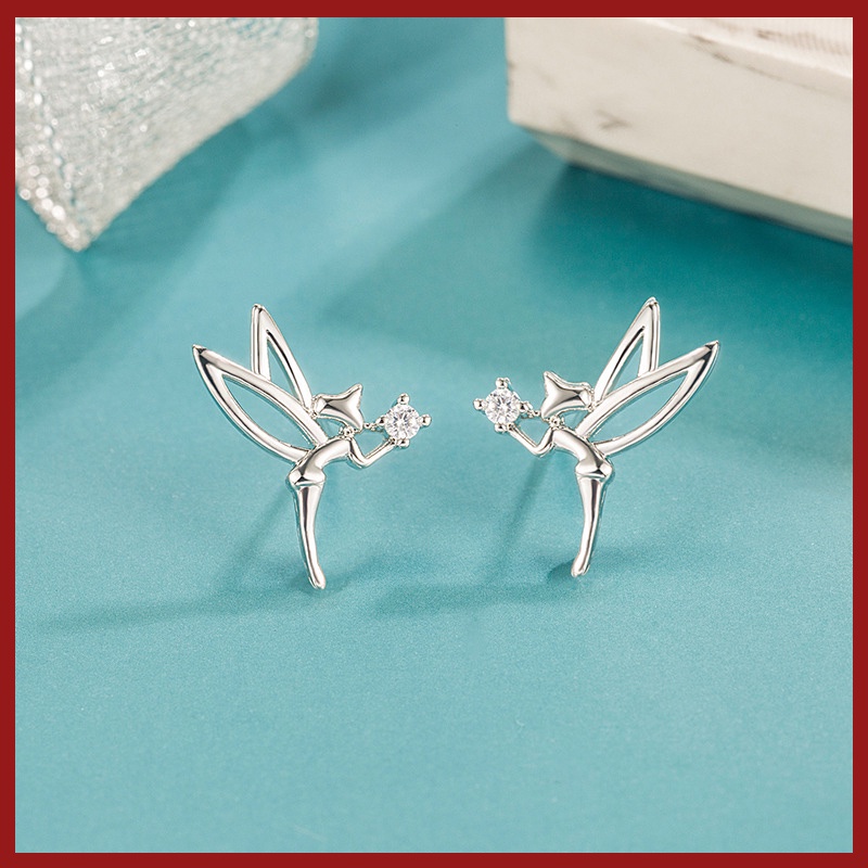 Anting Tusuk Sterling Silver 925 Desain Sayap Peri Hias Berlian Imitasi Untuk Wanita U1054