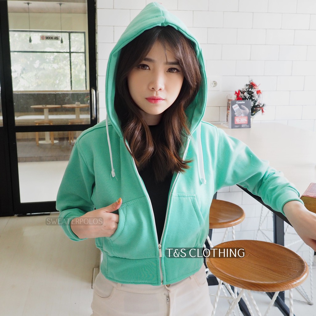 JAKET CROP HOODIE HIJAU TOSCA WANITA